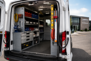Organized tradesman van at worksite