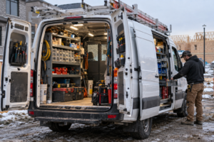 Organized Work Van at a Winter Jobsite